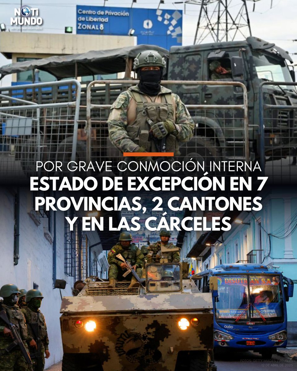 notimundoec's tweet photo. 🇪🇨#Ecuador | Por grave conmoción interna, el presidente Daniel Noboa declaró el estado de excepción por 60 días en las provincias de Guayas, Los Ríos, Manabí, Orellana, Santa Elena, El Oro, Sucumbíos, el Distrito Metropolitano de Quito (Pichincha), y el cantón Camilo Ponce Enríquez (Azuay).

En esos territorios se suspenden los derechos a la inviolabilidad de domicilio, de correspondencia y de reunión. Así lo establece el Decreto Ejecutivo 599, suscrito este sábado, 12 de abril, a un día de la segunda vuelta electoral.

El estado de excepción también rige en todas las cárceles del país.

También se establece toque de queda, desde las 22:00 hasta las 05:00, en los siguientes cantones y parroquias:

Camilo Ponce Enríquez, en Azuay. Durán, Balao y Parroquia Tenguel, en Guayas. Babahoyo, Buena Fe, Quevedo, Pueblo Viejo, Vinces, Valencia, Ventanas, Mocache, Urdaneta, Baba, Palenque, Quinsaloma y Montalvo, en Los Ríos. Joya de Los Sachas, Puerto Francisco de Orellana y Loreto, en Orellana. Shushufindi y Lago Agrio, en Sucumbíos.