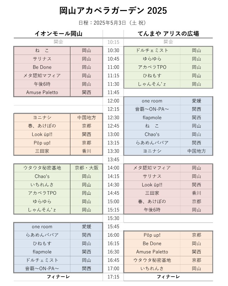 okapella_office's tweet photo. 【タイムスケジュール更新！】

てんまやアリスの広場側の最終ブロックが15分繰り下がりました！順番はそのままで休憩が延び、ちょっと商店街ぶらりが出来るようになりますね✨

 岡山アカペラガーデン2025
▶日程：2025年5月3日（土祝）
※雨天中止

#岡山アカペラガーデン https://t.co/QPzHqLpyTN