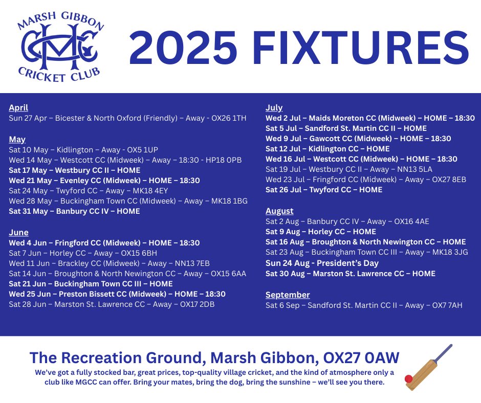 MGCC 2025 Fixtures Are Out!

It’s almost time for the whites, the wickets, and the weekend sunshine at MGCC.

Make sure you don’t miss - 24th AUG – PRESIDENTS DAY

Want results, stats, photo galleries and more?

Head to: marshgibbon.play-cricket.com/home

Everything MGCC, all in one place