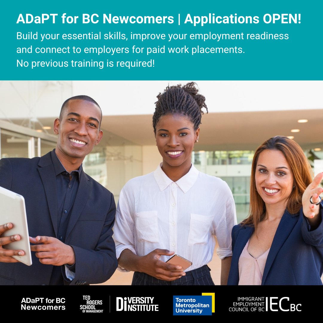 🌟 Tomorrow is the LAST DAY to apply!

ADaPT for BC Newcomers helps you build digital &amp; professional skills, plus access career coaching, mock interviews, resume support &amp; networking.

💥 Don't delay, apply now: bit.ly/ADaPTforBCNewc…

<a href="/torontometdi/">Diversity Institute</a> <a href="/iec_bc/">IEC-BC</a>