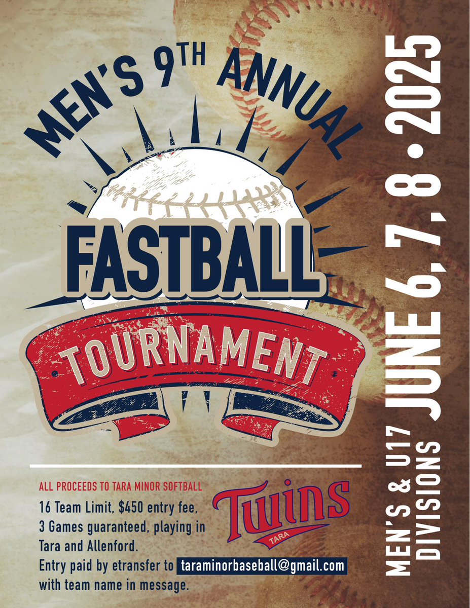 Get your teams entered in the 9th annual Tara Twins Men's Fastball tournament!
June 6-8, $500 entry, guaranteed 3 games. It's filling up quickly, so don't wait!
<a href="/ISCFastpitch/">ISCFastpitch</a> <a href="/blairjs17/">Blair Setford</a> <a href="/OASASoftball/">OASA Softball</a> <a href="/softpremiertv/">softballpremier_oficial</a> <a href="/BayshoreFred/">Fred Wallace</a> <a href="/NewsBayshore/">Bayshore News</a> <a href="/puppywhite15/">Puppy White Tours 🇨🇦</a>