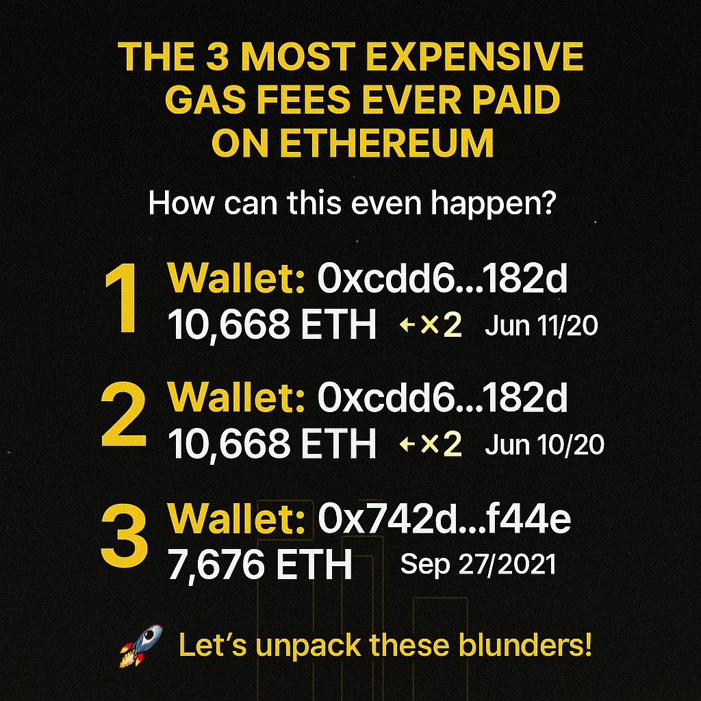 🧵 THREAD: The 3 Most Expensive Gas Fees Ever Paid on Ethereum
What happens when a bot malfunctions or a wallet signs the wrong number?
You get transactions that burn tens of millions of dollars in gas.
Let’s look at Ethereum’s 3 most legendary fee disasters 🧨👇