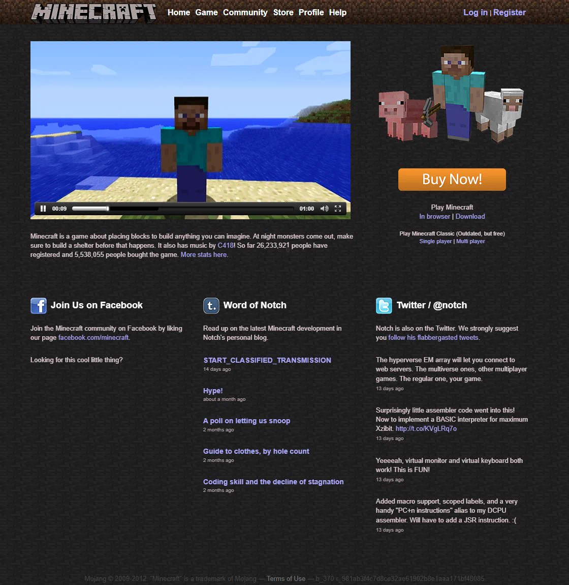 Minecraft website in July 2012