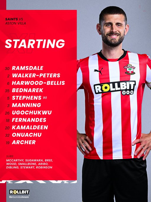 Southampton's starting XI: Ramsdale, Walker-Peters, Harwood-Bellis, Bednarek, Stephens (c), Manning, Ugochukwu, Fernandes, Kamaldeen, Onuachu, Archer.

SUBS: McCarthy, Sugawara, Bree, Wood, Smallbone, Aribo, Dibling, Stewart, Robinson.
