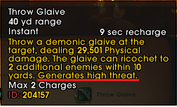 Naowhxd's tweet image. There's been a typo in Throw Glaive since Shadowlands @WarcraftDevs

It should say "Generates zero threat."