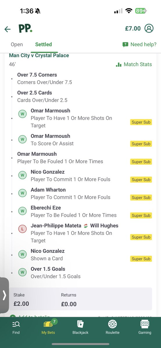 TMarksta's tweet photo. @AndyRobsonTips Confused to how this has settled as a loss considering it says super sub https://t.co/LaPNpbdOwj