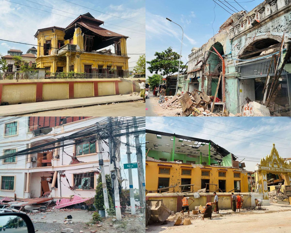 TheChindwin's tweet photo. #Photo News: The devastation and destructions resulting from the 7.7 magnitude earthquake in Mandalay city and its surrounding regions is profound, indicating that a complete recovery in central Myanmar will require several years. 

Countless buildings have sustained such severe structural damage that they are not merely unsuitable for habitation which require complete demolition and reconstruction from the ground up.

Photo/CJ