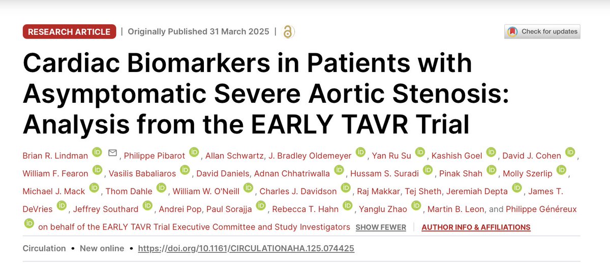 Abdulla A. Damluji, MD, PhD (@drdamluji) on Twitter photo Cardiac Biomarkers in Patients with Asymptomatic Severe Aortic Stenosis: Analysis from the EARLY TAVR Trial: <a href="/CircAHA/">Circulation</a>
🥸Can you use biomarkers to identify who can benefit from TAVR among patients with asymptomatic high gradient aortic stenosis?
👇 Cardiac Biomarkers in Patients with Asymptomatic Severe Aortic Stenosis: Analysis from the EARLY TAVR Trial: <a href="/CircAHA/">Circulation</a>
🥸Can you use biomarkers to identify who can benefit from TAVR among patients with asymptomatic high gradient aortic stenosis?
👇
