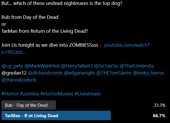 PeterGilmoreArt's tweet photo. I would like to issue an apology to all the George A Romero fans for my comments last night... I came in with some controversial hot-takes and probably made a lot of horror nerds super duper mad.
...but... I AM right... as usual... Suck it up buttercups!!
Friday Night Frights,
Night of the Zombies Part One, check out the replay - https://t.co/O80PvhAoZI
Join us again next week for part 2, Fast zombies, Shaun of the Dead, 28 days later, The Walking Dead and SO much more...
Also, the stats don't lie... Tarman RULES, Bub drools...
@MarkWahhhid @SicSexSix @HairyTalbot3 @cg_pete
#Horror #Livestream #Zombies #HorrorMovies #TarmanRules #FridayNightFrights #ComicsGate #GilmoreIsAlwaysRight #BBbbbubbSuuuuucks