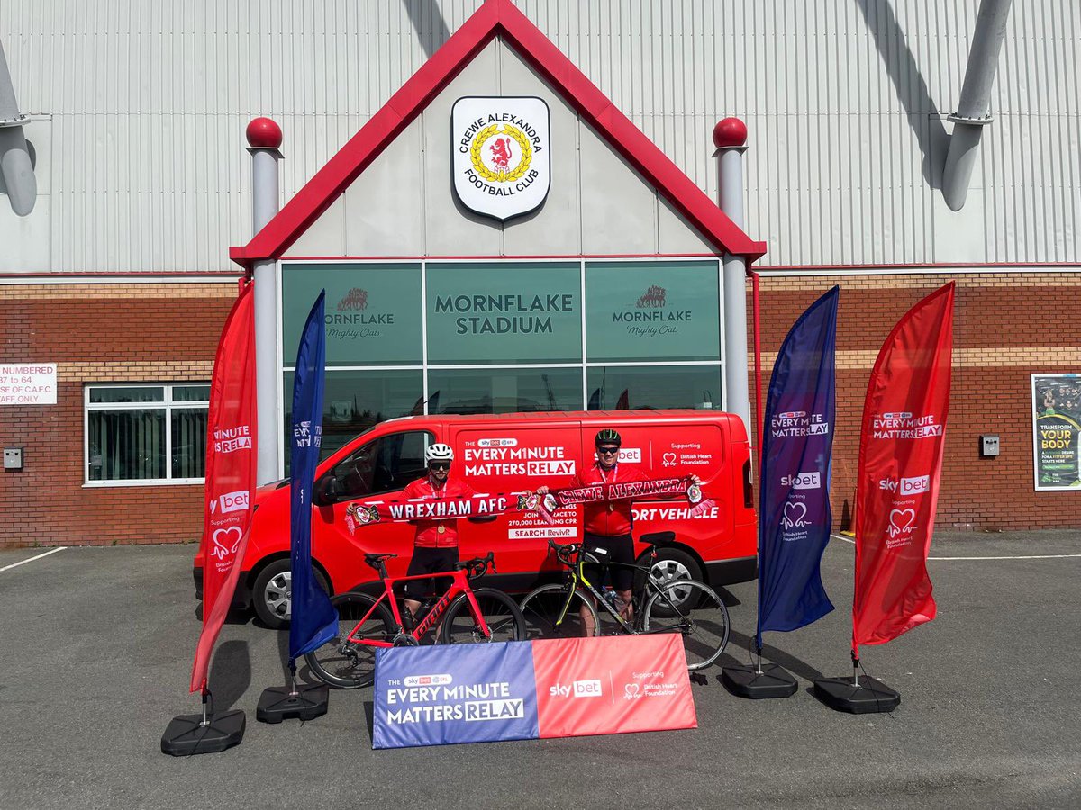 BHF Cymru (@bhfcymru) on Twitter photo Llongyfarchiadau <a href="/RhodriThomasBHF/">Rhodri Thomas</a> who has just completed the latest stage of the <a href="/SkyBet/">Sky Bet</a> <a href="/EFL/">EFL</a> Every Minute Matters Relay 🚴❤️
The team set off from <a href="/Wrexham_AFC/">Wrexham AFC</a> this morning and have just arrived at <a href="/crewealexfc/">Crewe Alexandra</a> 🤩Da iawn pawb
#EveryMinuteMatters Llongyfarchiadau <a href="/RhodriThomasBHF/">Rhodri Thomas</a> who has just completed the latest stage of the <a href="/SkyBet/">Sky Bet</a> <a href="/EFL/">EFL</a> Every Minute Matters Relay 🚴❤️
The team set off from <a href="/Wrexham_AFC/">Wrexham AFC</a> this morning and have just arrived at <a href="/crewealexfc/">Crewe Alexandra</a> 🤩Da iawn pawb
#EveryMinuteMatters