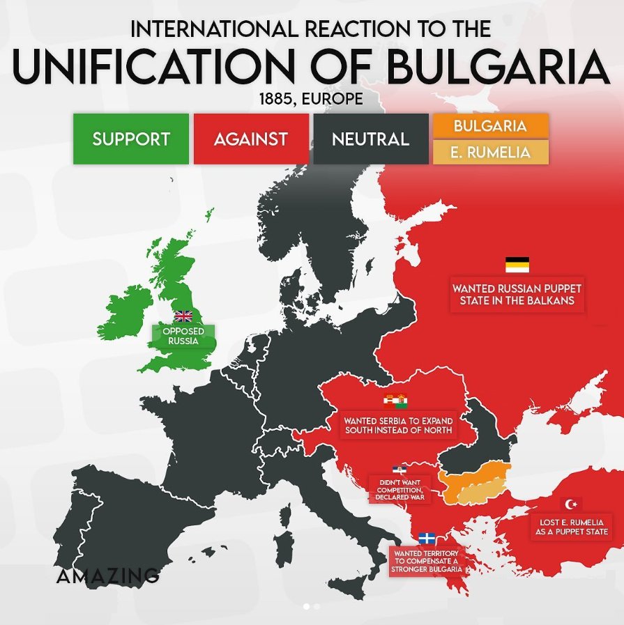 Реакцията на страните в Европа на нашето Съединение 06.09.1885 г. Малка, героична България изправена срещу всички, в името на обединението на народа си! Този изцяло Български празник не беше отбелязван през социализма.
