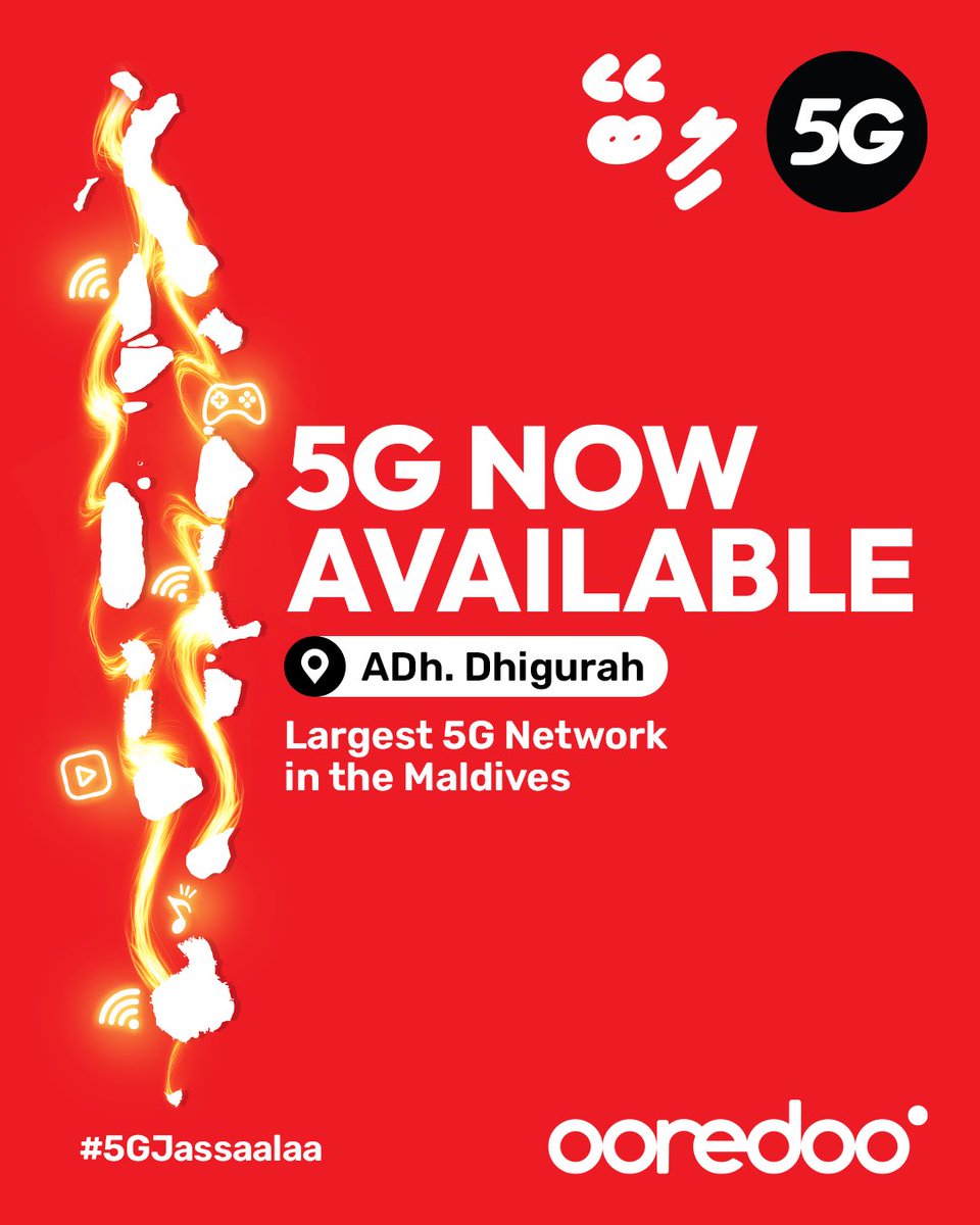 Say hello to #Ooredoo5G — now available in ADh. Dhigurah!📍

✨Stream, game, scroll, and connect at lightning speed on the largest 5G network in the Maldives.⚡

#Jassaaleema5GLibey #Largest5GNetwork #5GLibey #5GJassaalaa
