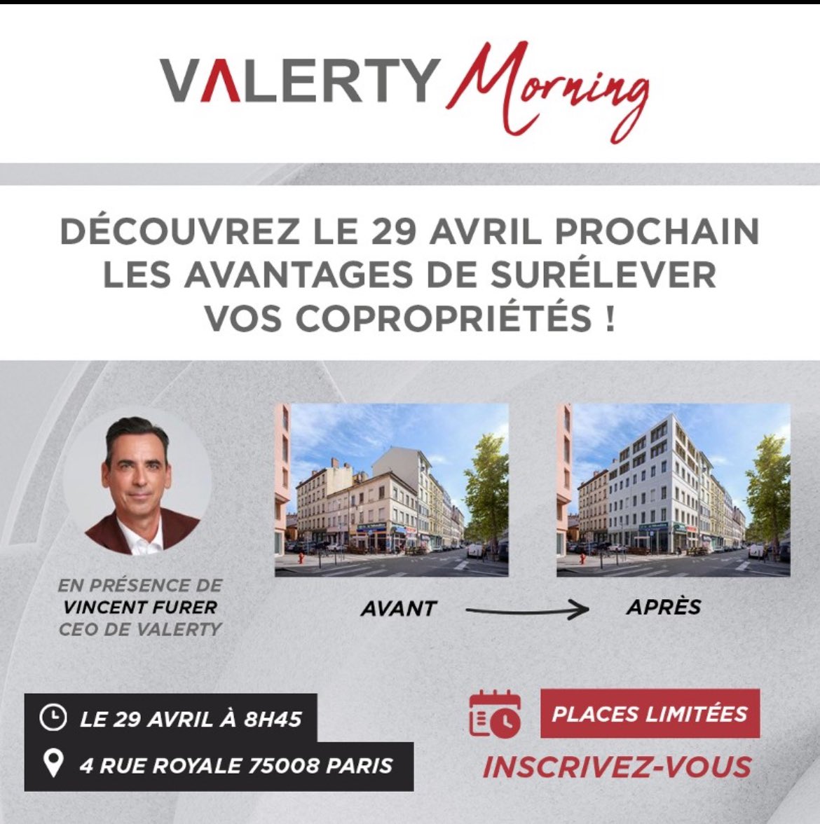 Gestionnaires &amp; syndics de #copropriétés nous avons le plaisir de vous inviter au VALERTY MORNING ! 😎

#surélévation #immobilier 
👉🏼 Vous pouvez dès à present reserver votre place en cliquant sur ce lien :
lnkd.in/e2WGsKzd

 Attention, les places sont limitées... ⚠️