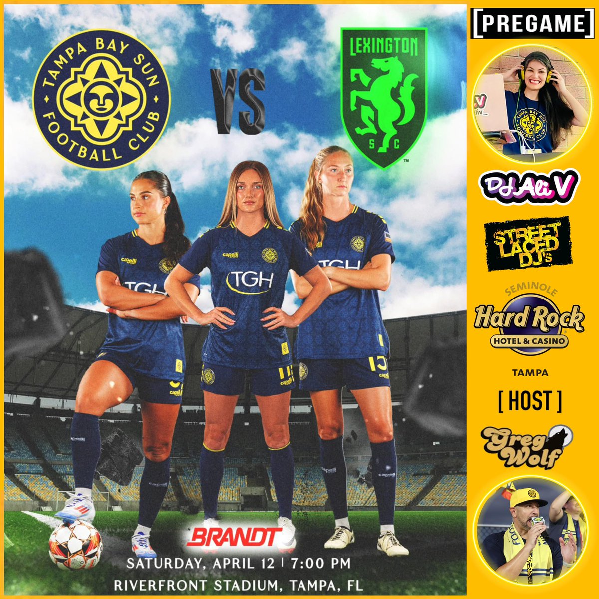 GregWolfTBL's tweet photo. Rise & Shine,🌞#Sunchasers!
It’s #MatchDay⚽️
@TampaBaySunFC look to secure another DUB as they continue their journey in Professional Women’s Soccer with another battle vs. @LexSporting at 7:00p! Tonight, the Sun☀️rises with the Spring🌺Break🌸Luau vibes, streaming exclusively on @peacock! Limbo contest at halftime! @StreetLacedDJs own DJ Ali V on the decks, MIXING🎧LIVE pregame, halftime & post! @prosportsdjs on in-game vibes! Let’s Do Work! #GoSunGo
