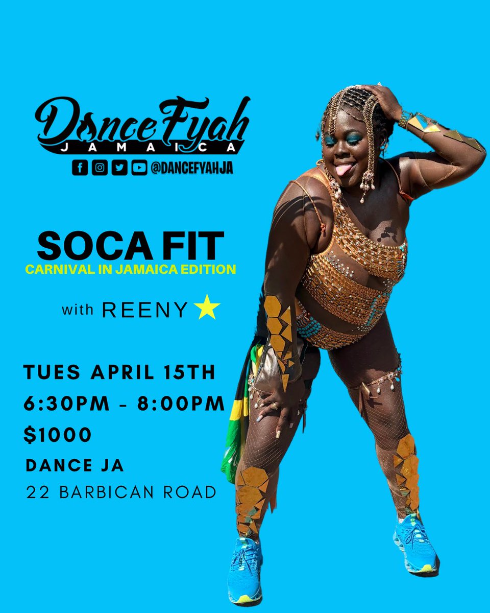 DanceFyah's tweet photo. Get ready to feel the carnival energy!

SOCA FIT: Carnival in Jamaica Edition with Reeny is going down on Tuesday, April 15th at Dance JA, 22 Barbican Road!

Time: 6:30 PM - 8:00 PM | Cost: $1000

Come in your vibes and get ready to sweat, wine, and shine! https://t.co/uG1FuxJeBZ
