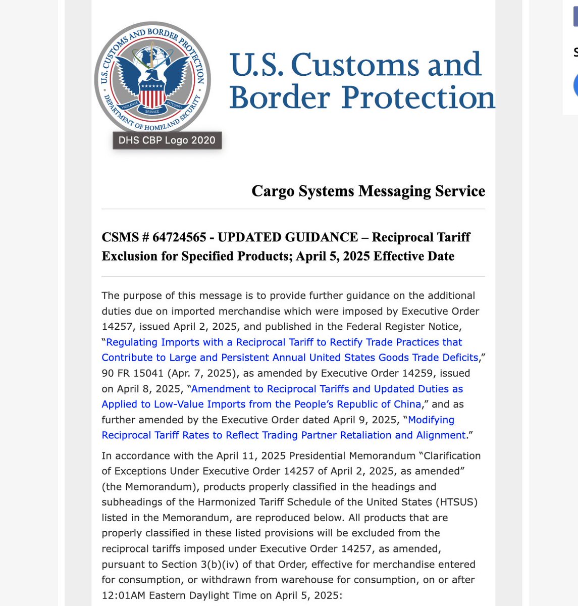 BIG: U.S. Customs and Border Protection Releases Detailed Guidelines on Tariff Exemptions for Select Products — Including Semiconductors, Electronic Devices, and AI Servers (See HS Codes Below).

*As long as the exported product to U.S. aligned with the HS code below, the tariffs