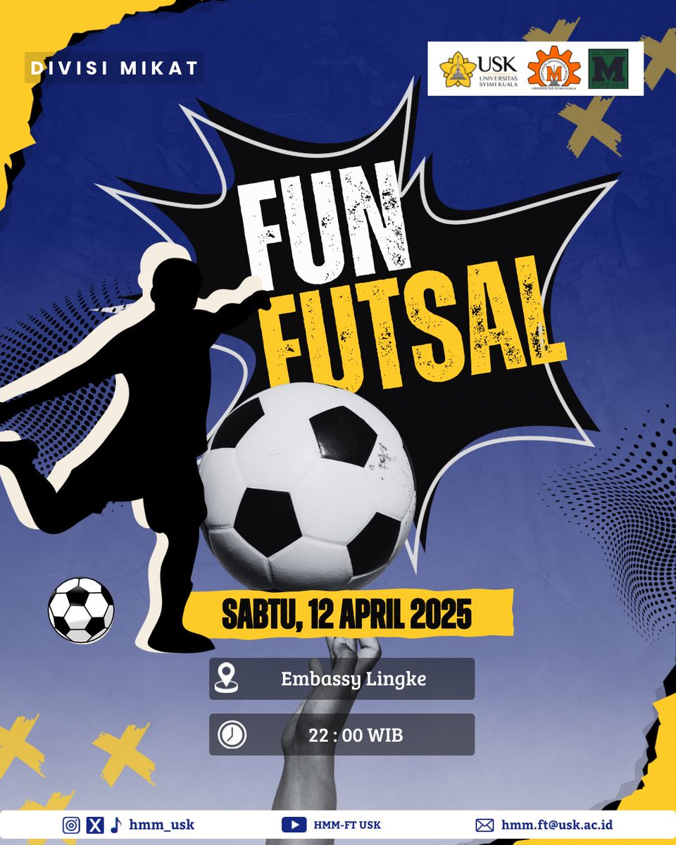 hmm_usk's tweet image. [FUN FUTSAL]

Assalamu&apos;alaikum Sobat mesin
InsyaAllah akan diadakannya Fun Futsal yang bertepatan pada :

🗓️:Sabtu 12 April 2025
🕥: 22.00 WIB
📍: Embassy Lingke

Ditunggu kedatangannya !!
————————————
HMM-FT USK PERIODE 2025/2026

#hmmftusk
#solidaritymforever 
#funfutsal