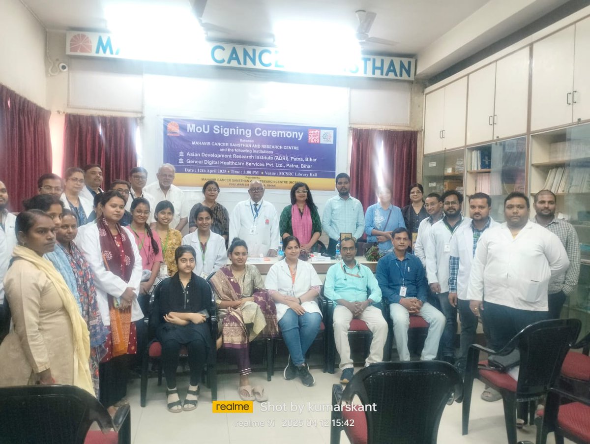 ADRIPatna's tweet photo. MOU Signing Ceremony Between Mahavir Cancer Sansthan and Research Centre and Asian Development Research Institute (ADRI), Patna, Bihar and Geneai Digital Healthcare Services Pvt. Ltd, Patna, Bihar https://t.co/gNKSW5qcGz