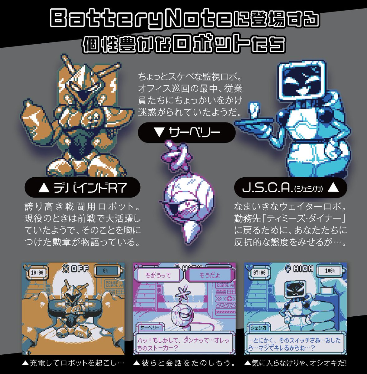 72studio_'s tweet image. プレイヤーが３体の中から好みのロボットをえらんで、恋愛ゲームみたいに会話を楽しんだり、ときには壊したりできるゲームがあるらしい…
#スーパーゲ制デー #BatteryNote