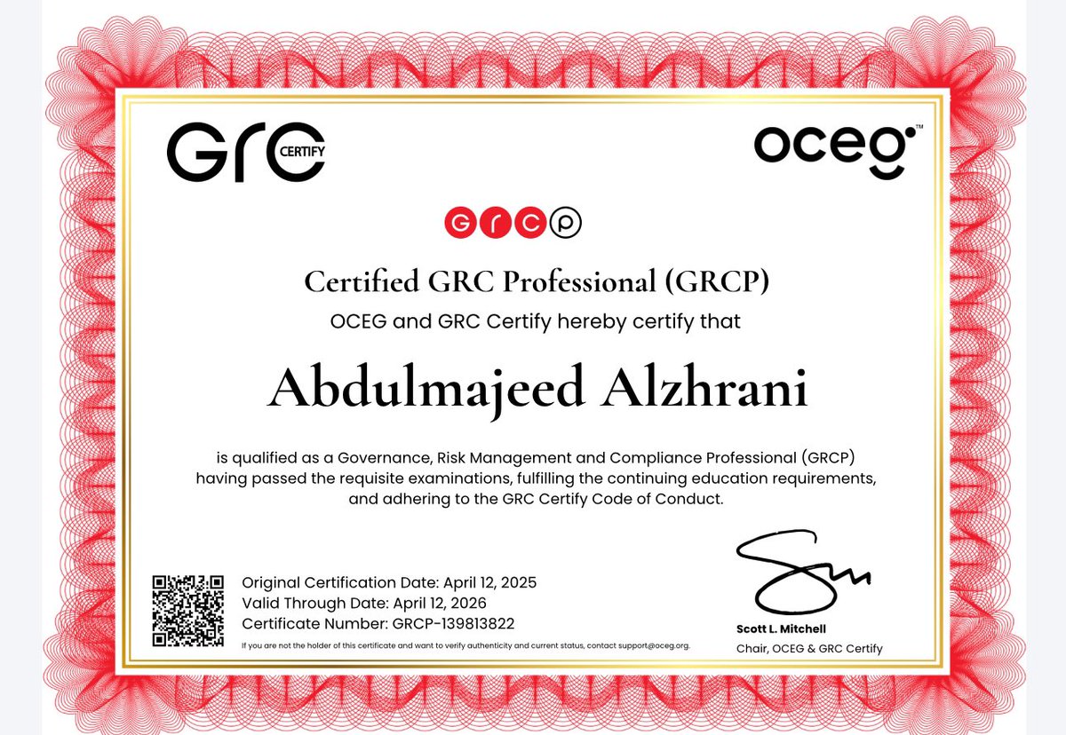 Dulleast's tweet photo. الحمدلله، حصلت اليوم على شهادة المحترف المعتمد في الحوكمة وإدارة المخاطر والامتثال (GRCP) من منظمة OCEG 🤍 https://t.co/javJLzJ211