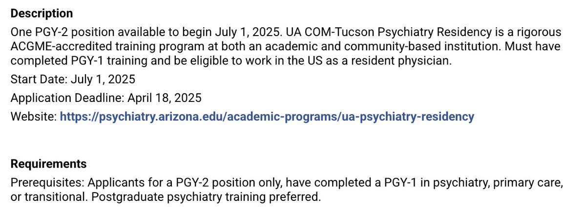 PGY-2 #Psychiatry Open Position
University of Arizona College of Medicine-Tucson
Tucson, Arizona. Apply by deadline of April 18, 2025
jobs.psychiatry.org/jobs/?t731=255…
Website: psychiatry.arizona.edu/academic-progr…
