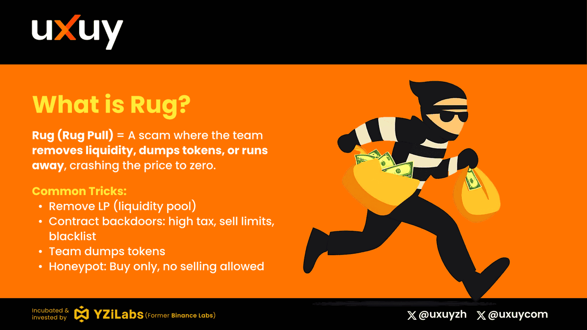 uxuycom's tweet photo. ✍️ Rug pulls 101: If they run, they’re taking the pool with ‘em 

Learn the signs before your tokens vanish faster than your weekend 

Crypto’s wild. Stay smart. https://t.co/x8xwsk0yt9