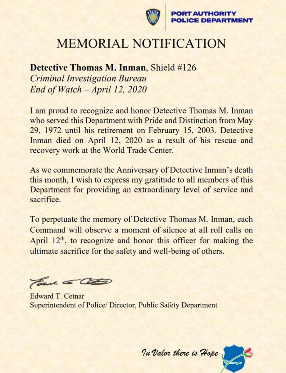 We always honor #PAPD Det. Thomas Inman, EOW 4/12/20, who succumbed to a 9/11 illness contracted during his heroic work in the #WTC Rescue &amp; Recovery.
Always Honored, Never Forgotten. 
#thesacrificecontinues #PAPBA #September11 #papdprotectsnynj