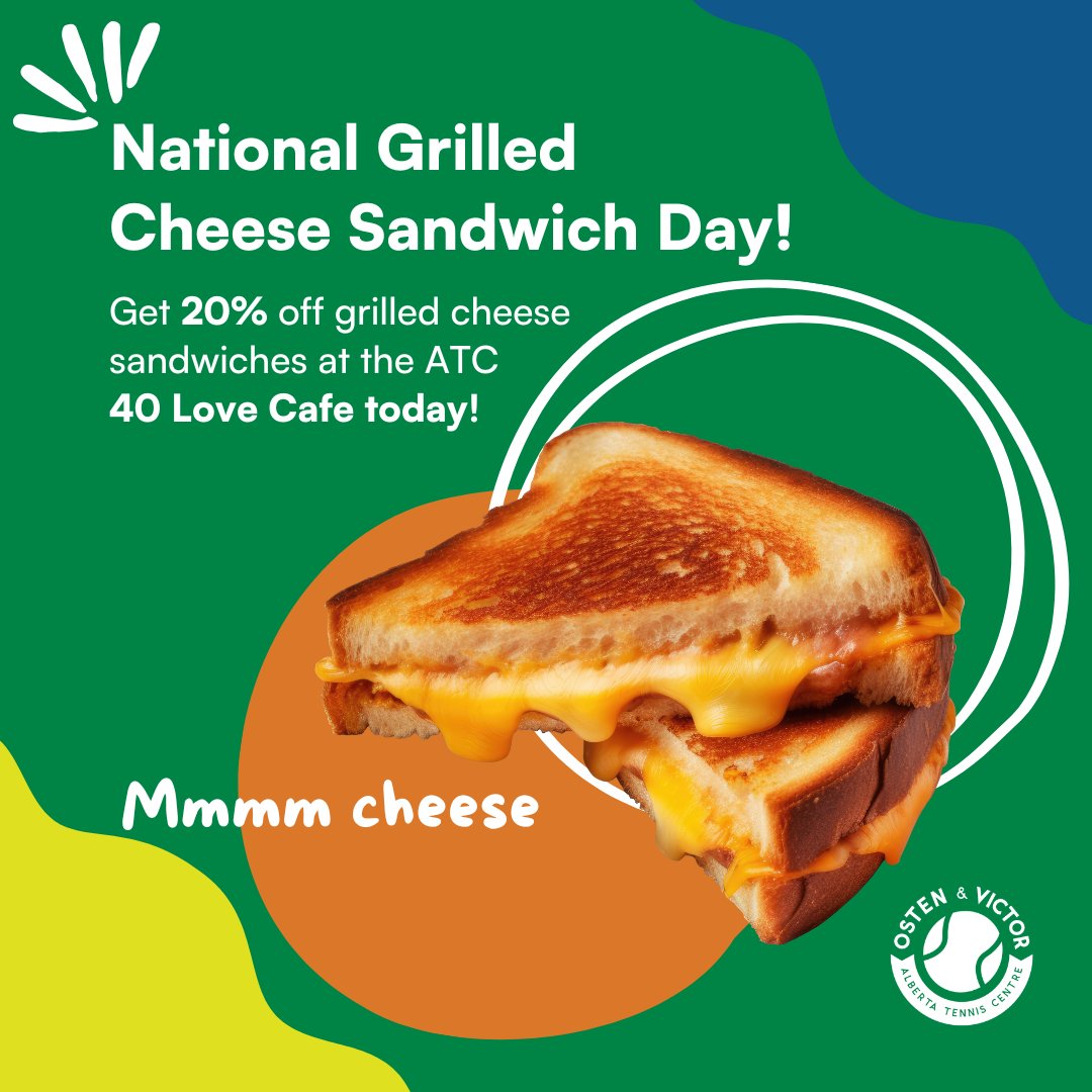 Happy National Grilled Cheese Day 🧀

Come celebrate CHEESE at the 40 Love Cafe today and get 20% off our grilled cheese sandwich 😁

#albertatenniscentre #grilledcheese #cheese #discount