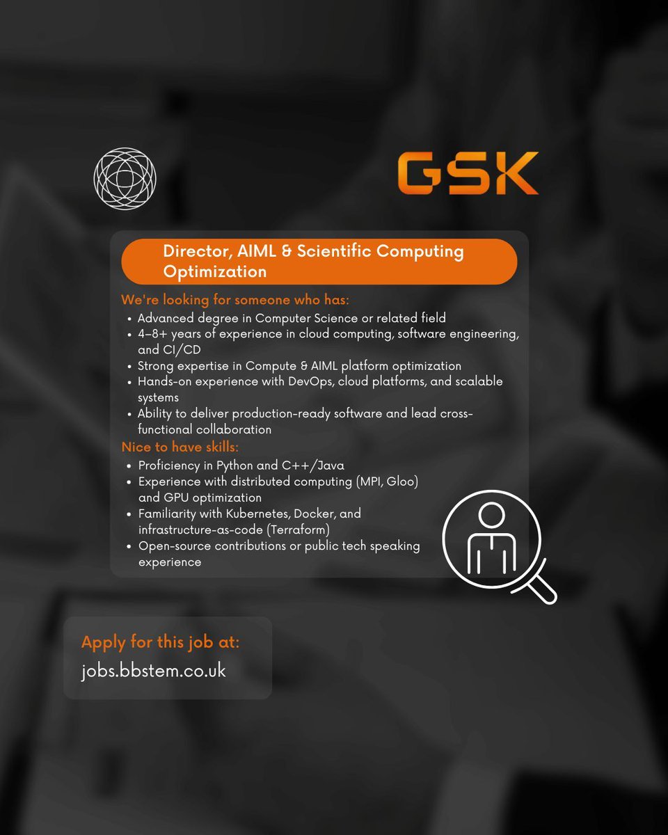 GSK is hiring a Director, AIML &amp; Scientific Computing Optimization! 

Lead global teams, drive HPC &amp; AI/ML platform innovation &amp; help us get ahead of disease. Apply now: bbstem.co.uk/jobs/director-… 
#TechJobs #GSKOnyx #AI #ML #CloudComputing #Leadership #HiringNow