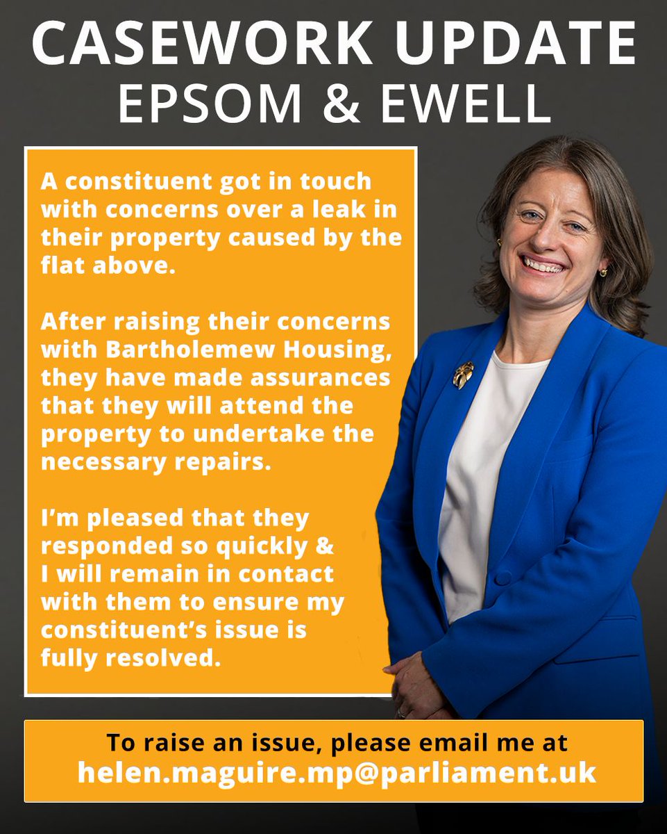 helenmaguiremp's tweet image. I&apos;m pleased that my constituent will be getting their flat leak resolved. ✅ 

Whether its housing, the high street or anything in between, my team &amp;amp; I are always happy to help. 🙌 

#LocalChampion #Casework