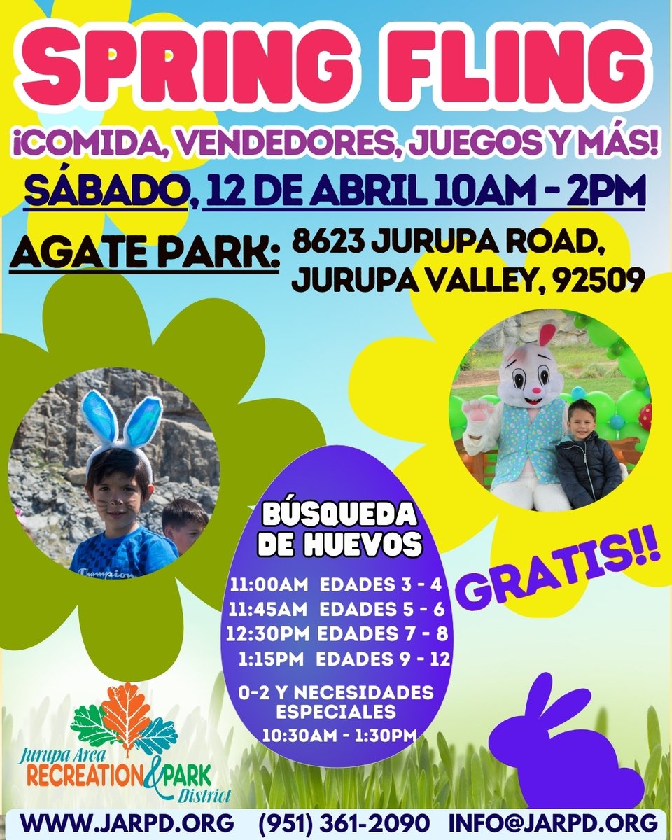 JARPD1984's tweet photo. Hop on over to Agate Park (8623 Jurupa Rd, Jurupa Valley, 92509) from 10:00 AM-2:00 PM for Spring Fling TODAY Saturday, April 12th! 🐇✨ Bring your basket and get ready for an egg-citing day filled with fun! Including an egg hunt, crafts, and visit from Hoppy the bunny!#jarpd4fun https://t.co/k3O8yODJg2