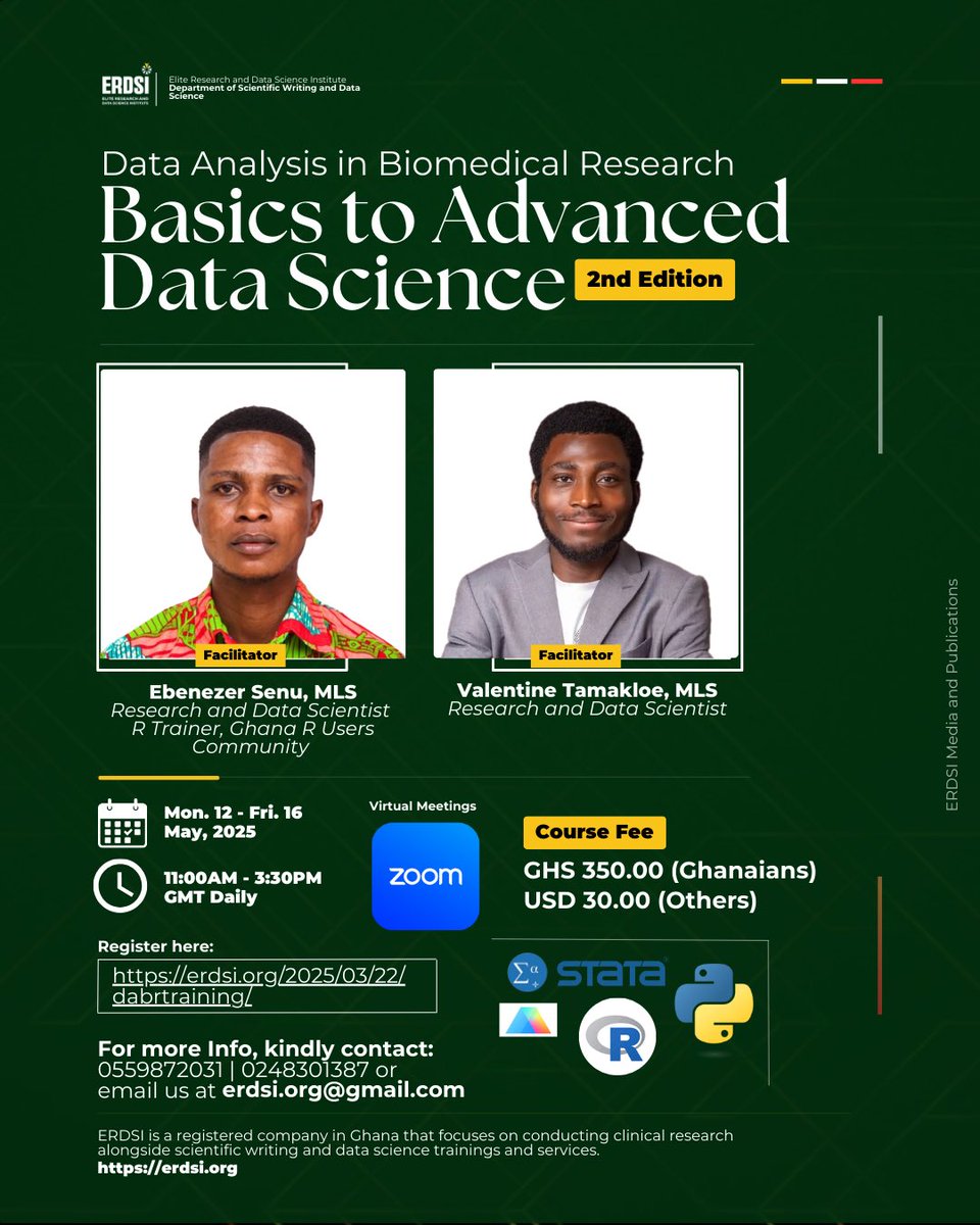 ErdsiOrg's tweet photo. 🚀 Master Data Science for Biomedical Research! 🧬 📊 

Join the 2nd Edition of our Basics to Advanced Data Science training, designed for researchers, students, and professionals looking to enhance their data analysis skills. https://t.co/afPiMEGWrO