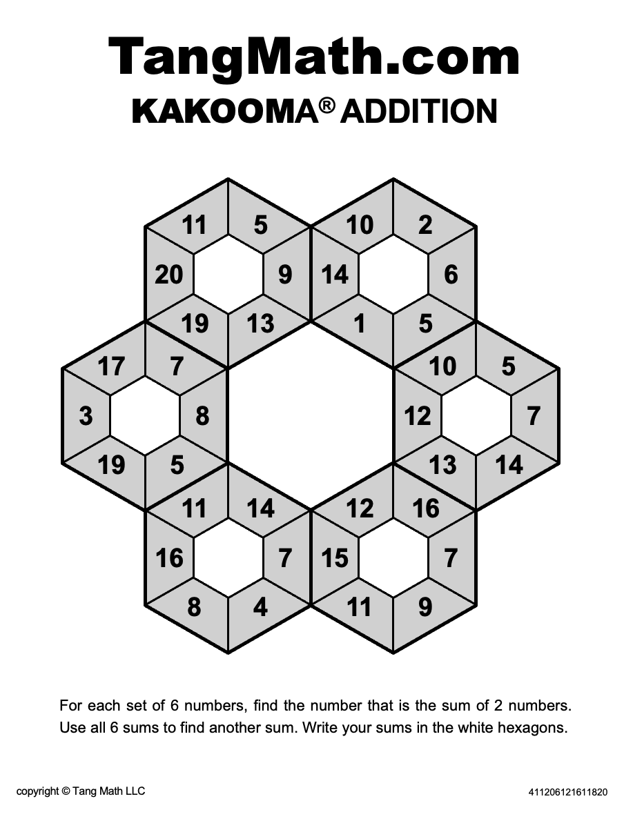 KAKOOMA is a great way to develop fact fluency!

In each set of 6 numbers, find the number that's the sum of 2 numbers. Write the sum in the middle.

Now use all 6 sums to find another sum. What did you get? Did you do a lot of addition along the way?!

TangMath.com/kakooma