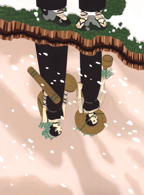 約2年前に描いた、植物と共にいろんな季節を旅する2人の12枚の連作(1/3)1〜4月 