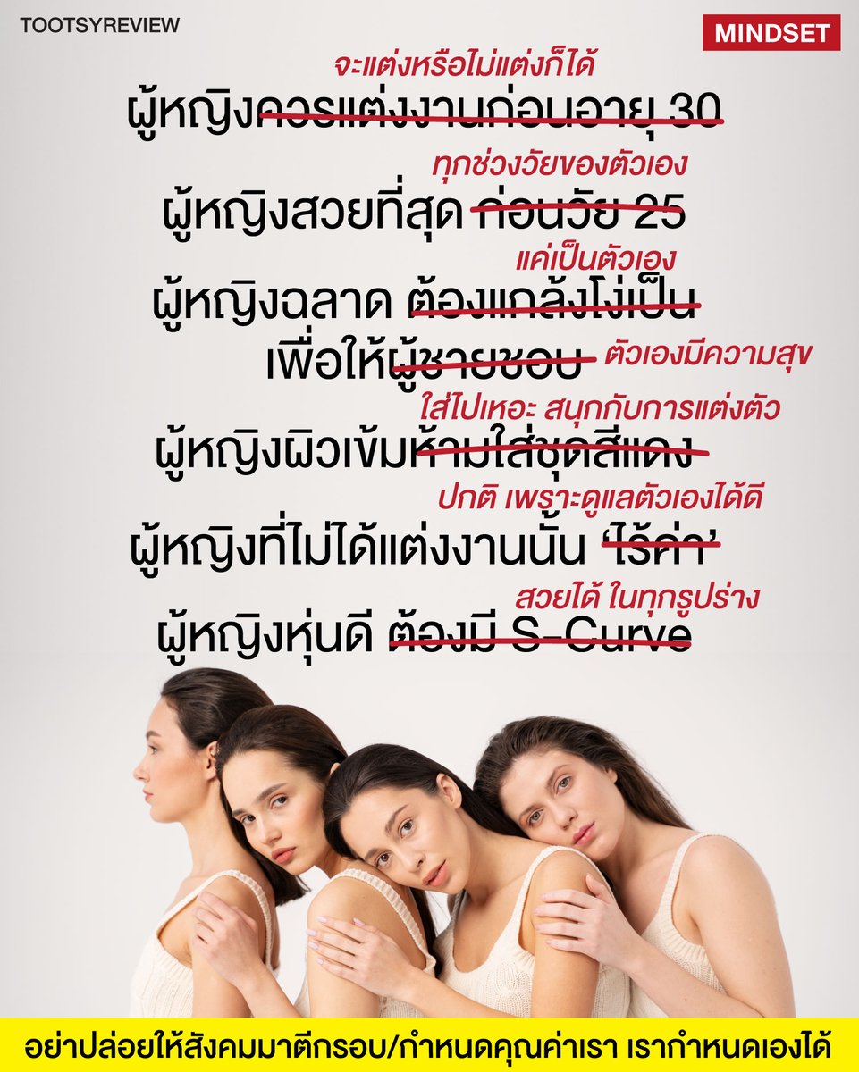 tootsyreview's tweet image. MINDSET : อย่าปล่อยให้สังคมมาตีกรอบ และกำหนดคุณค่าเรา เรากำหนดคุณค่าของตัวเองได้

1) ทุกวันสตรีสากล มี contents ที่บอยชอบที่สุด มักจะวนมาทุกๆปี ในการเสริมความคิดเรื่องคุณค่าของผู้หญิง ก็คือข้อความสุดนี้ เลยอยากเขียนสรุปเอาไว้บนเพจ เพื่อเตือนใจทุกคนที่บางที คุณไปเผลอด้อยค่าตัวเอง…