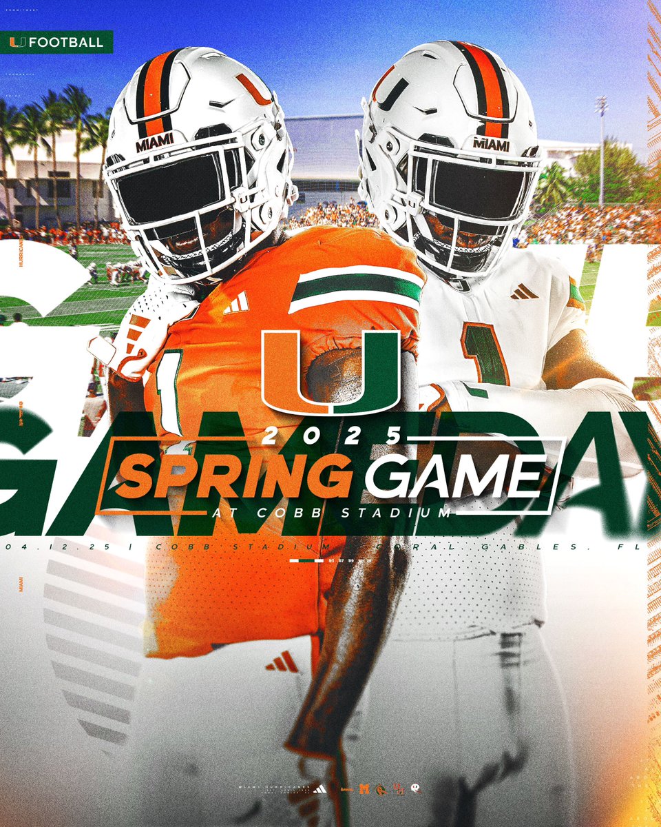 Miami Hurricanes Football (@canesfootball) on Twitter photo It's GAME DAY in Coral Gables!
🙌: 2025 Spring Game
📍: Cobb Stadium
⏰: 3:30 PM
📻: <a href="/560WQAM/">AM 560 Sports WQAM</a> It's GAME DAY in Coral Gables!
🙌: 2025 Spring Game
📍: Cobb Stadium
⏰: 3:30 PM
📻: <a href="/560WQAM/">AM 560 Sports WQAM</a>