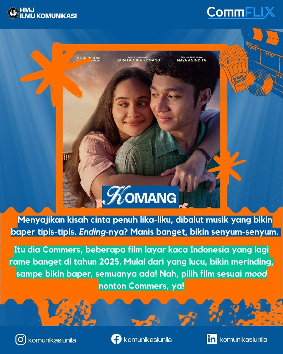 komunikasiunila's tweet image. Halo Commers! Kalian tau gak, tahun 2025 lagi rame sama film &amp;amp; karya yang gak cuma seru, tapi juga ngena di hati! Dari film animasi anak bangsa, horor yang menegangkan, sampai kisah cinta yang manis. Kira-kira apa aja, ya? check this out! 🎬

#CommX #CommFLIXsolution #Communila