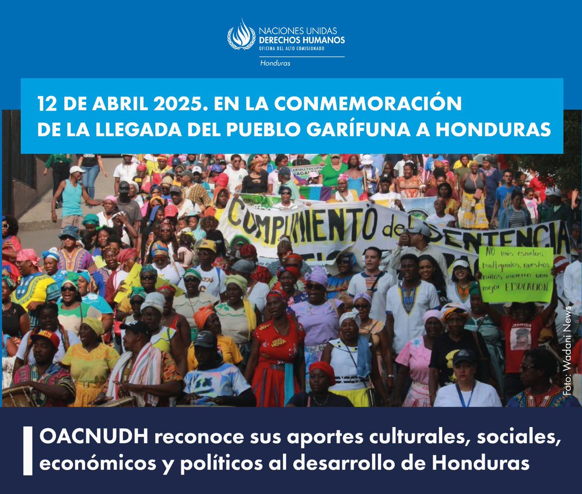 OACNUDHHN's tweet photo. 12 de abril | Llegada del pueblo Garífuna a Honduras 

#OACNUDH reconoce sus aportes culturales, sociales, económicos y políticos al desarrollo de Honduras.

#DESCA #Garífunas https://t.co/30sYrg8igb