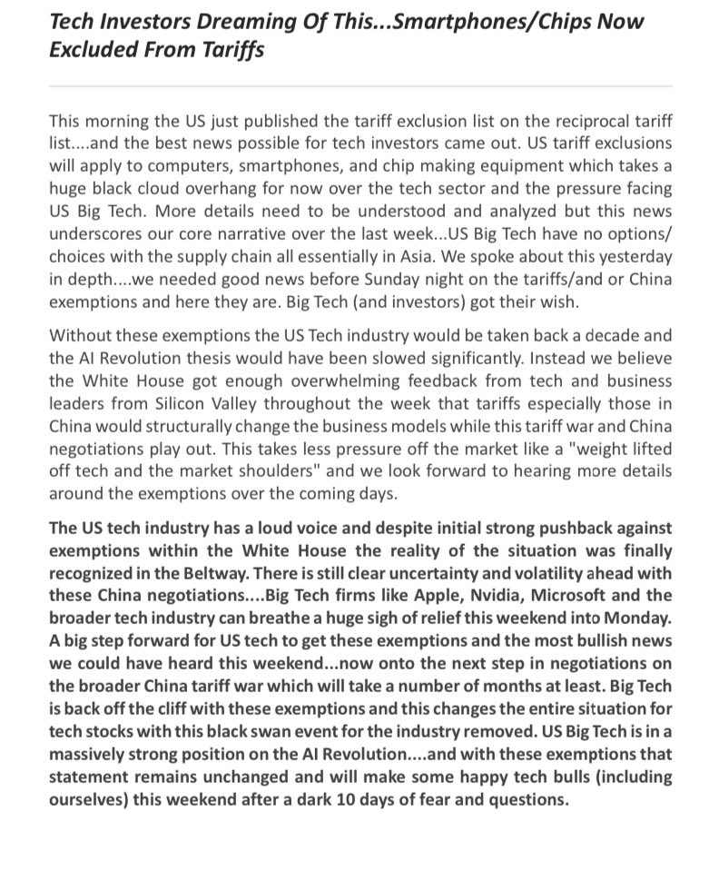 DivesTech's tweet image. Finally the news US tech investors were dreaming of…chips/smartphones/computers exempt from tariffs. US Big Tech spoke and the White House made the right move at the right time. Massive relief for market and tech stocks into Sunday night 🏆👇🐂