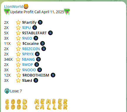 DarkfireLion's tweet photo. 🏆Update Profit Call April 11, 2025
346X: $BANG
12X: #ROBOTHEISM
11X: #Cocaine
5X: #STABLEFART
3X: 3
2X: 5
LOSE: 7
🔔Follow me to get latest information
#SOL #BSC #SUI #Crypto https://t.co/mMRyZlzCVu