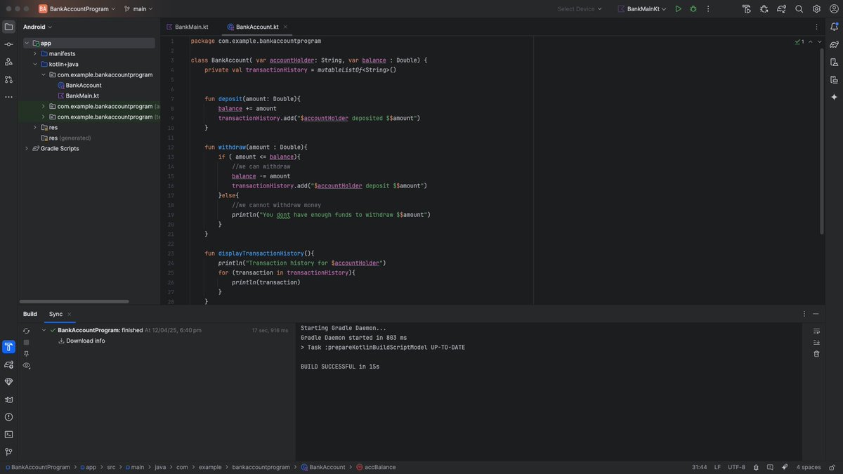 Just wrote my first program in <a href="/kotlin/">Kotlin by JetBrains</a>  using <a href="/AndroidStudio/">Android Studio</a> 
It’s a simple bank account program – nothing fancy, but it’s a start.
Documenting my Android dev journey one step at a time 👨‍💻📱
Check it out here 👉 github.com/iprajwallkurs/…
