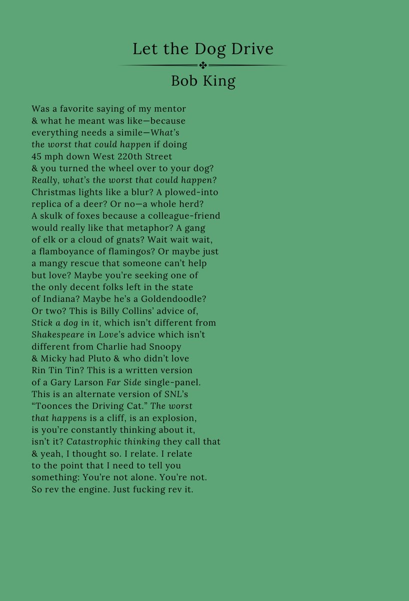 Bob King (@kingrobertj) on Twitter photo Grateful to have a poem up <a href="/viridinelit/">Viridine Literary</a> Issue 2: Chaos. The journal publishes beautiful art, poetry, fiction, & scripts. Thank you to Editors Romy Morreo & Roger Niven. Dive into the entire issue here:
viridineliterary.wixsite.com/viridinelit/is… Grateful to have a poem up <a href="/viridinelit/">Viridine Literary</a> Issue 2: Chaos. The journal publishes beautiful art, poetry, fiction, & scripts. Thank you to Editors Romy Morreo & Roger Niven. Dive into the entire issue here:
viridineliterary.wixsite.com/viridinelit/is…