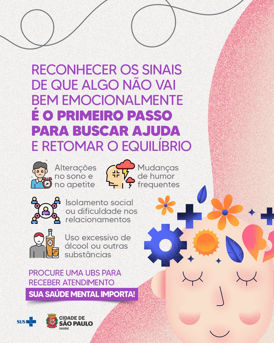 saudeprefsp's tweet image. 🧠💚 Fique atento à sua saúde mental!

Mudanças no sono, apetite, humor, isolamento ou uso excessivo de substâncias podem ser sinais de que algo não vai bem.

✨ Você não está sozinho.
Procure a UBS mais próxima e receba o cuidado que merece.
#SaudePrefSP #SUS #SaudeMentalImporta…