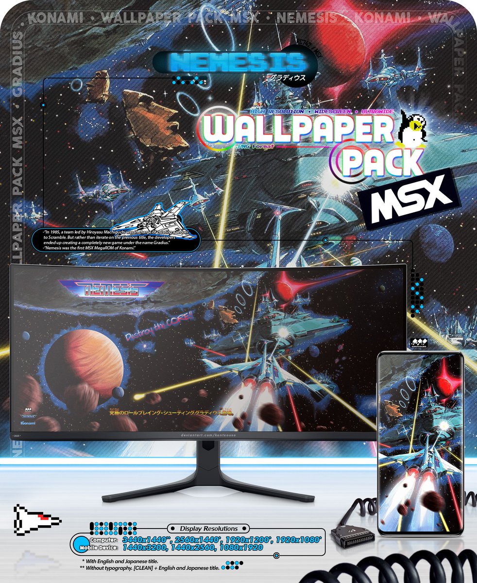 Pack de fondos para PC y smartphone.

- Nemesis / Gradius / グラディウス
- Konami, 1986

Más info y descargas aquí: deviantart.com/kontxouso/art/…
#MSX #KONAMI #wallpaper