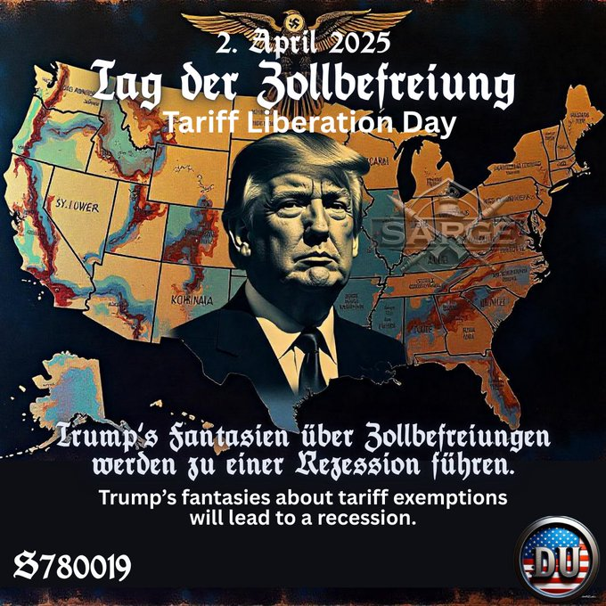 FeistyLibLady's tweet photo. April 2 was Tariff Liberation Day according to Trump.

But all Americans saw was a horrible day for their saving and the prices on most things go up.

So after he realized he successfully took money from all of us, he stopped his asinine tariff plan for 90 days, but first he told his rich friend it was time to buy stock.

Now, America is in a trade war since he refused to end tariffs on China.  China is a trade partner America relies on for so many things.

America's dumbest president ever is leading us to a recession and no one is stopping him.
#ResistTrump #DemsUnited