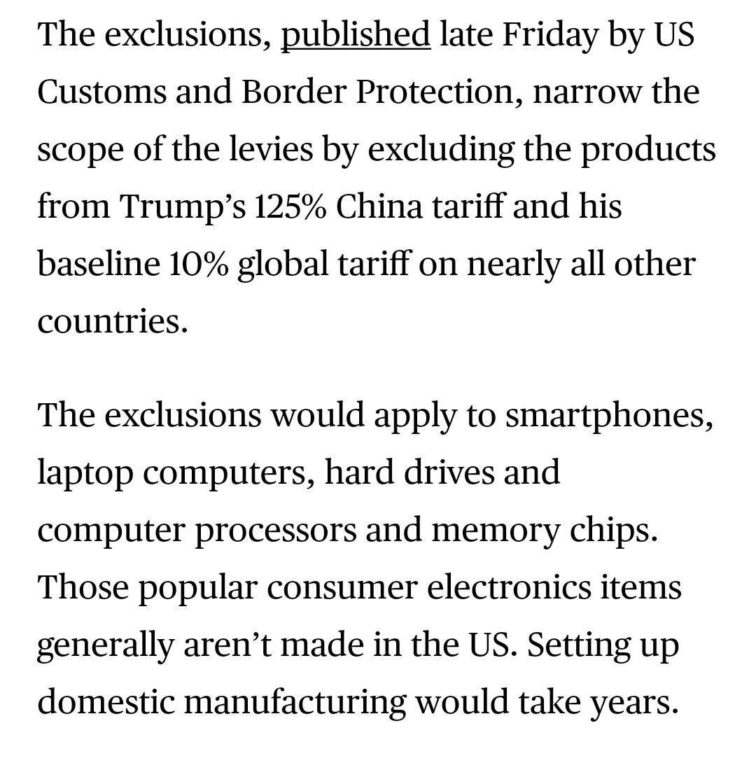 Tim Apple wins again: "Trump Exempts Phones, Computers, Chips From ‘Reciprocal’ Tariffs" bloomberg.com/news/articles/…
