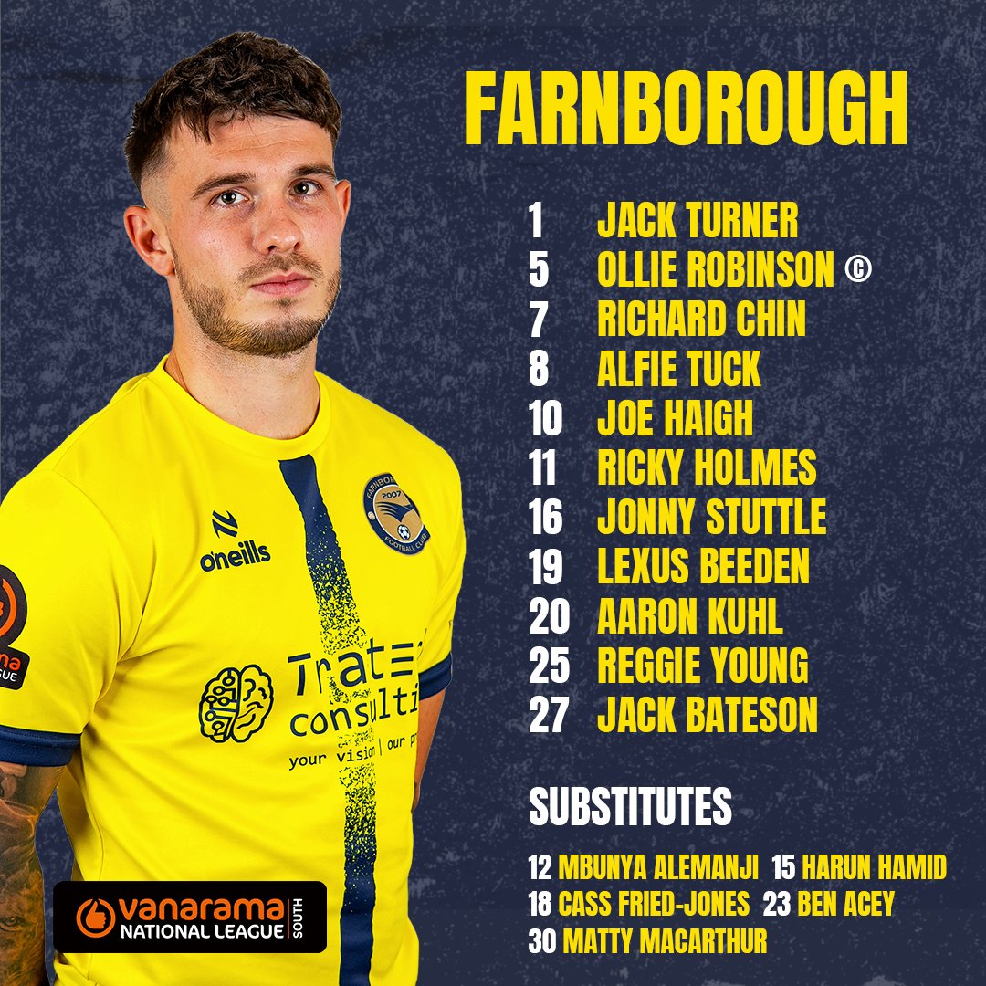 FarnboroughFC's tweet photo. 📝 Your #FarnboroughFC side to play Chesham United in The Vanarama National League South ⚪️

📻 https://t.co/tAVEIFJgO7 https://t.co/9FbOui9tIN