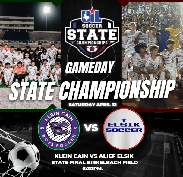 Texas UIL SPORTS (@texasuil_sport) on Twitter photo ⚽️🏆 STATE CHAMPIONSHIP
Klein Cain vs Alief Elsik
📺Livestream: bit.ly/4iOujG9
🗓 | Saturday April 12
🕖| 6:30p.
<a href="/KCainBoysSoccer/">Klein Cain Boys Soccer</a> <a href="/ElsikSoccer/">Elsik Soccer</a> <a href="/ElsikHighSchool/">Elsik High School</a> <a href="/ElsikNGCRams/">Elsik Ninth Grade Center</a> <a href="/AliefISD/">Alief ISD</a> <a href="/KleinISDAth/">Klein ISD Athletics</a> <a href="/KleinCain/">Klein Cain HS</a> <a href="/Aidenup_2/">Aiden Upchurch</a> <a href="/COACHJCLANCY/">James Clancy</a> <a href="/jenny_mcgown/">Dr. Jenny McGown</a> <a href="/rcarbajal89/">Robert Carbajal</a> ⚽️🏆 STATE CHAMPIONSHIP
Klein Cain vs Alief Elsik
📺Livestream: bit.ly/4iOujG9
🗓 | Saturday April 12
🕖| 6:30p.
<a href="/KCainBoysSoccer/">Klein Cain Boys Soccer</a> <a href="/ElsikSoccer/">Elsik Soccer</a> <a href="/ElsikHighSchool/">Elsik High School</a> <a href="/ElsikNGCRams/">Elsik Ninth Grade Center</a> <a href="/AliefISD/">Alief ISD</a> <a href="/KleinISDAth/">Klein ISD Athletics</a> <a href="/KleinCain/">Klein Cain HS</a> <a href="/Aidenup_2/">Aiden Upchurch</a> <a href="/COACHJCLANCY/">James Clancy</a> <a href="/jenny_mcgown/">Dr. Jenny McGown</a> <a href="/rcarbajal89/">Robert Carbajal</a>