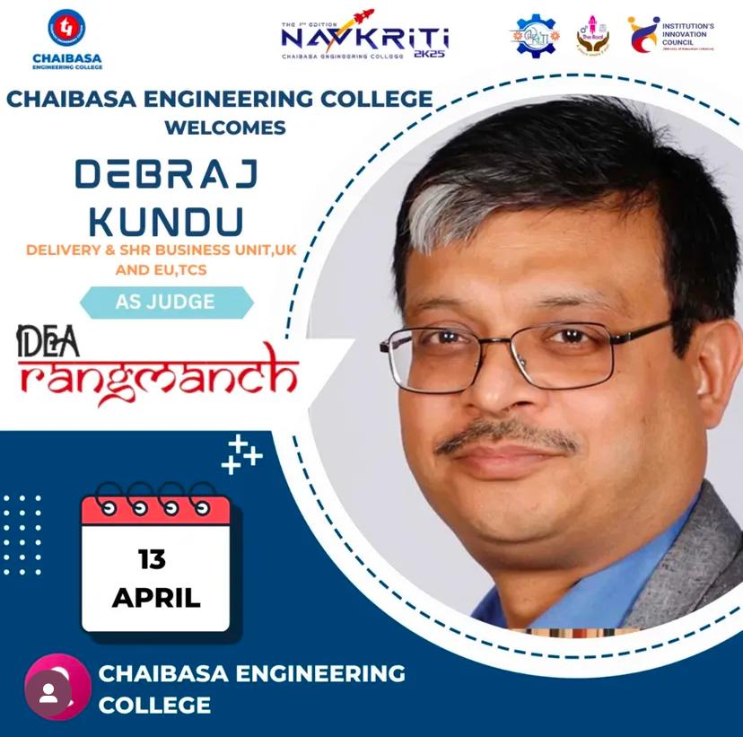 ChaibasaC's tweet photo. Honored to welcome Mr. Debraj Kundu &amp; Mr. Biswajit Dhar from TCS as judges for IDEA Rangmanch at NAVKRITI 2K25! 🌟
Join us on April 13th for a celebration of innovation &amp; ideas! 💡🚀
#Navkriti2K25 #IdeaRangmanch #CEC #TCS #InnovationLeaders #FutureOfTech https://t.co/RKp9r7kY5F