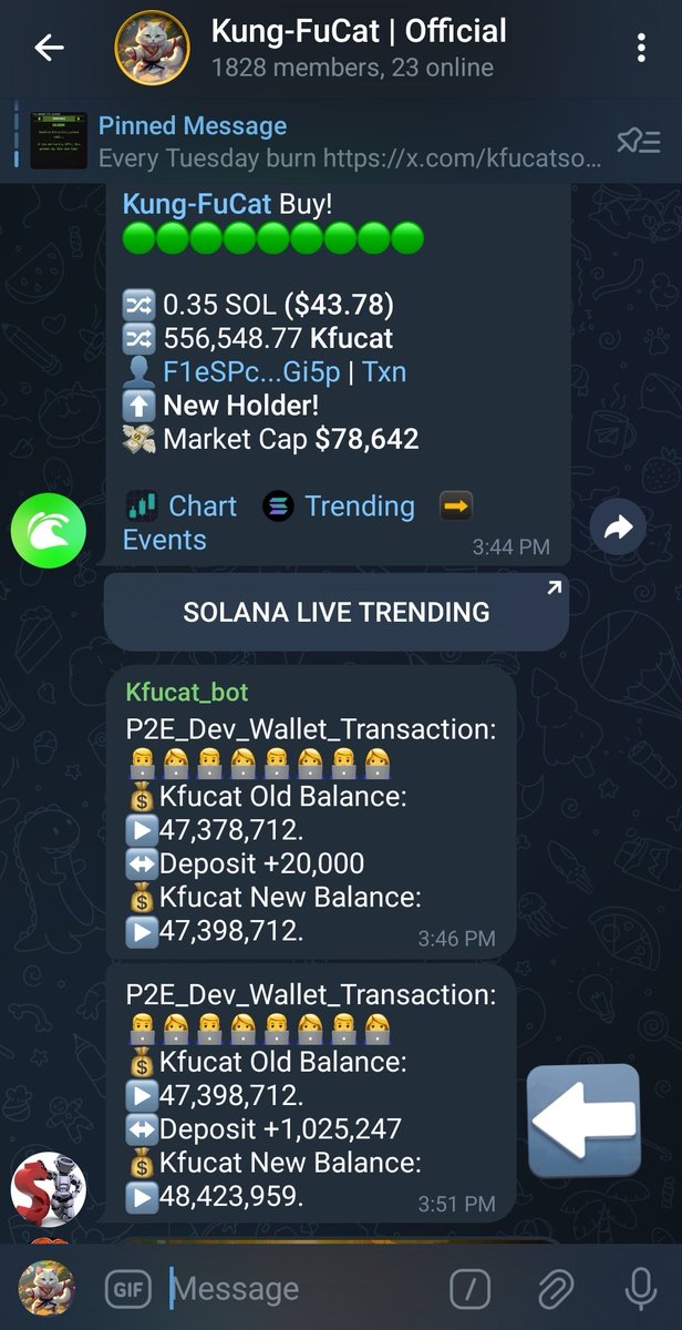 Just now!
Someone deposited in our game 1M Tokens worth of $kfucat.
You can always check all our game transactions on TG. We have invented a bot to read all transactions in/out to our game and drop the amount on our official TG!

#solana #p2e #multiplayer #coins #earn #slice